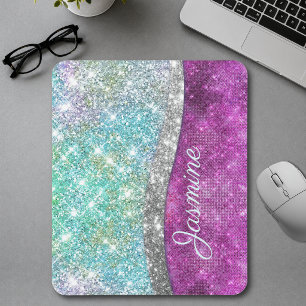 Cute iridescent purple teal faux glitter monogram mouse mat