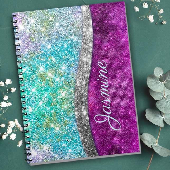 Cute iridescent purple teal faux glitter monogram notebook (Creator Uploaded)
