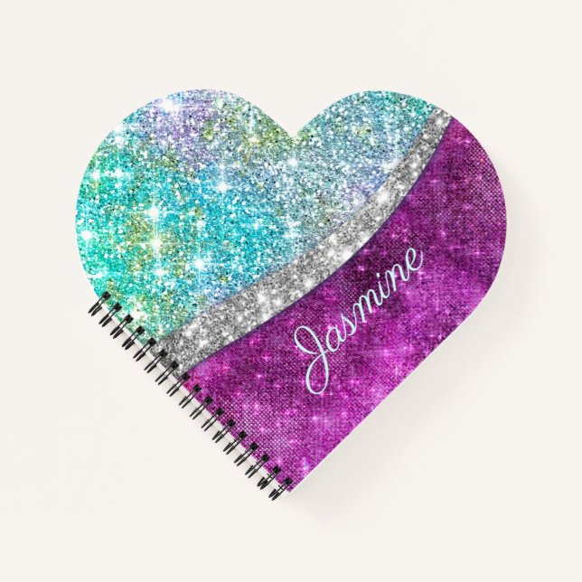Cute iridescent purple teal faux glitter monogram  notebook (Front)
