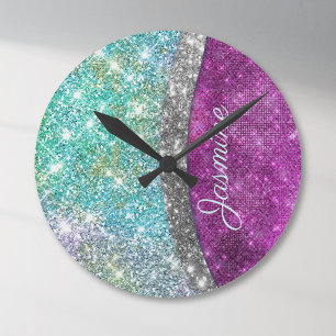 Cute iridescent purple teal faux glitter monogram round clock