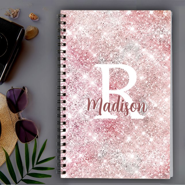 Cute iridescent rose blush faux glitter monogram notebook (Creator Uploaded)