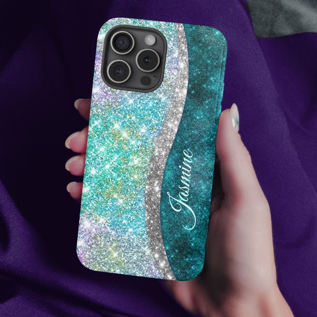 Cute iridescent turquoise faux glitter monogram Case-Mate iPhone case (Creator Uploaded)