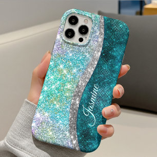Cute iridescent turquoise faux glitter monogram iPhone 13 case