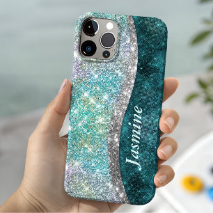 Cute iridescent turquoise faux glitter monogram iPhone 15 case