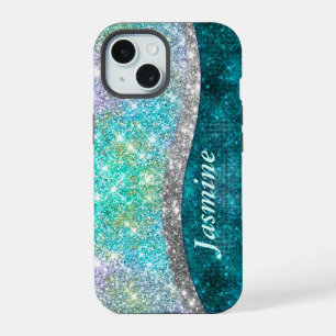 Cute iridescent turquoise faux glitter monogram iPhone 15 case