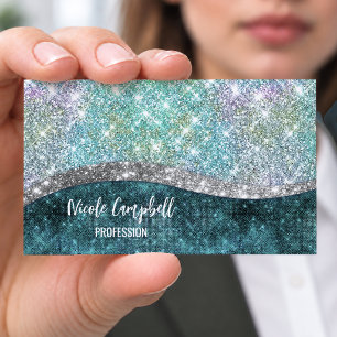 Cute iridescent turquoise faux glitter monogram 	Magnetic business card