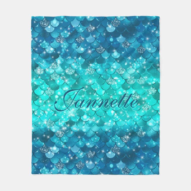Cute Iridescent Turquoise Mermaid Faux Glitter Fleece Blanket (Front)