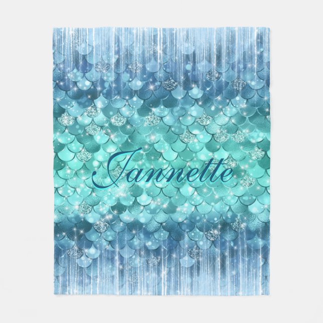 Cute Iridescent Turquoise Mermaid Faux Glitter Fleece Blanket (Front)
