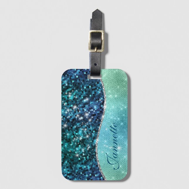 Cute Iridescent Turquoise Mermaid Faux Glitter Luggage Tag (Front Vertical)