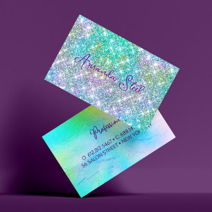 Cute iridescent unicorn blue faux glitter monogram business card