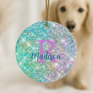 Cute iridescent unicorn blue faux glitter monogram ceramic tree decoration