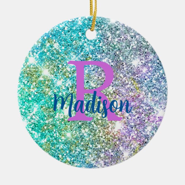 Cute iridescent unicorn blue faux glitter monogram ceramic tree decoration (Front)