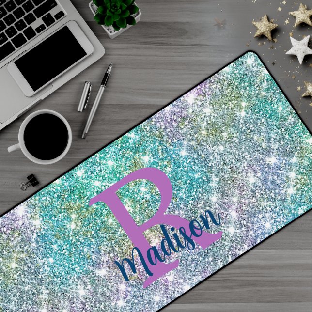 Cute iridescent unicorn blue faux glitter monogram desk mat (Creator Uploaded)