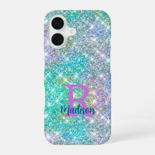 Cute iridescent unicorn blue faux glitter monogram iPhone 16 case