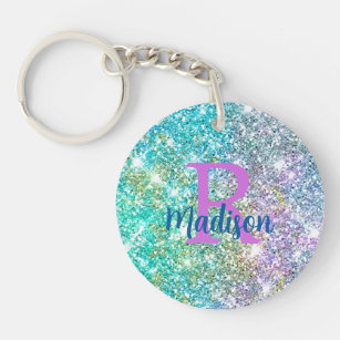 Cute iridescent unicorn blue faux glitter monogram key ring