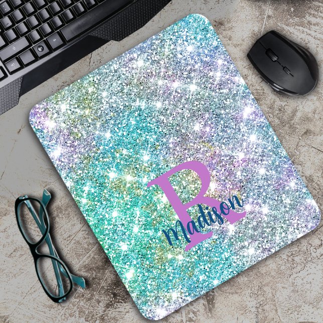 Cute iridescent unicorn blue faux glitter monogram mouse mat (Creator Uploaded)