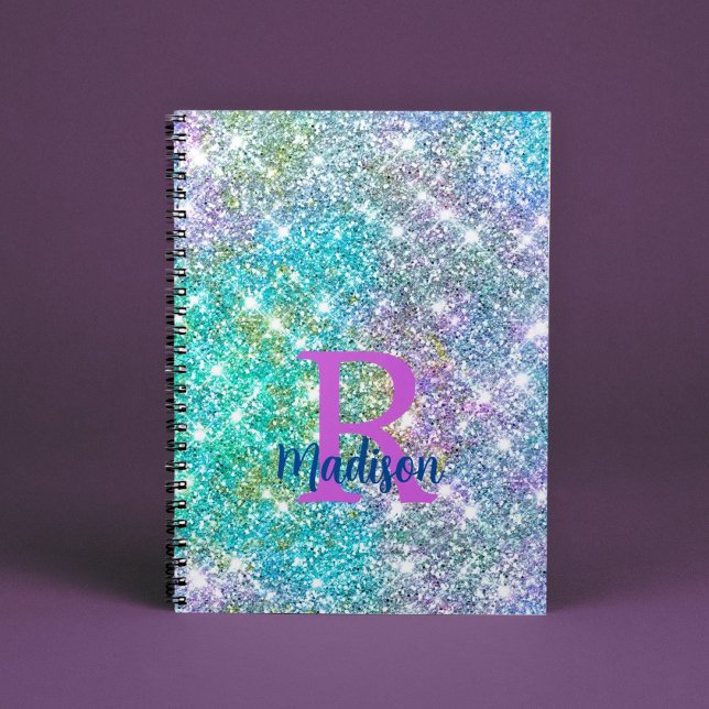 Cute iridescent unicorn blue faux glitter monogram notebook (Creator Uploaded)