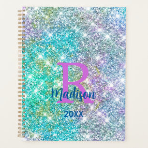 Cute iridescent unicorn blue faux glitter monogram planner