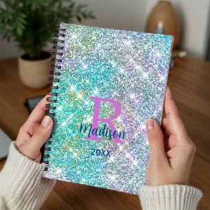 Cute iridescent unicorn blue faux glitter monogram planner