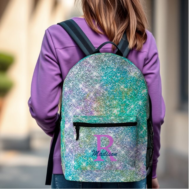 Cute iridescent unicorn blue faux glitter monogram printed backpack (Creator Uploaded)