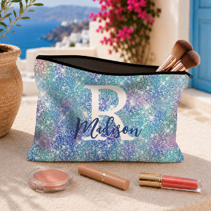 Cute iridescent unicorn blue pink glitter monogram accessory pouch