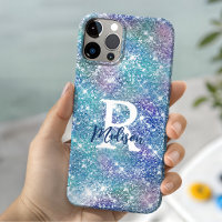 Cute iridescent unicorn blue pink glitter monogram