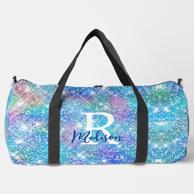 Cute iridescent unicorn blue pink glitter monogram duffle bag (Front)