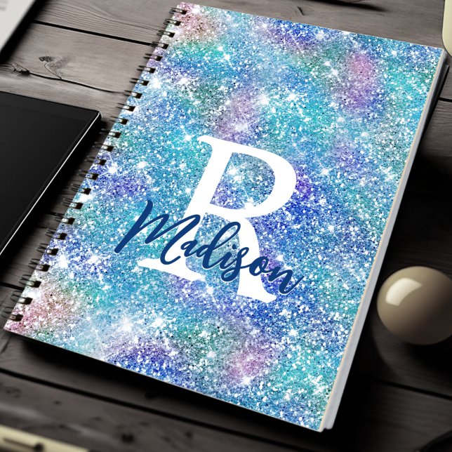 Cute iridescent unicorn blue pink glitter monogram notebook (Creator Uploaded)