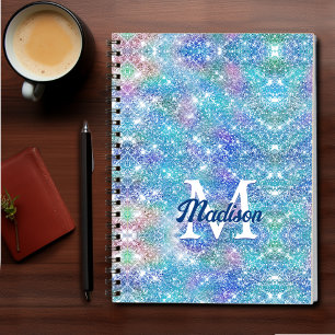 Cute iridescent unicorn blue pink glitter monogram notebook