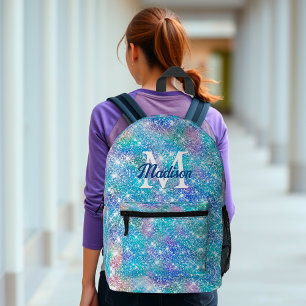 Cute iridescent unicorn blue pink glitter monogram printed backpack