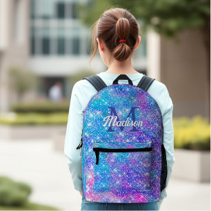 Cute iridescent unicorn blue purple glitter printed backpack