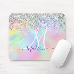 Cute iridescent unicorn faux glitter monogram mouse mat