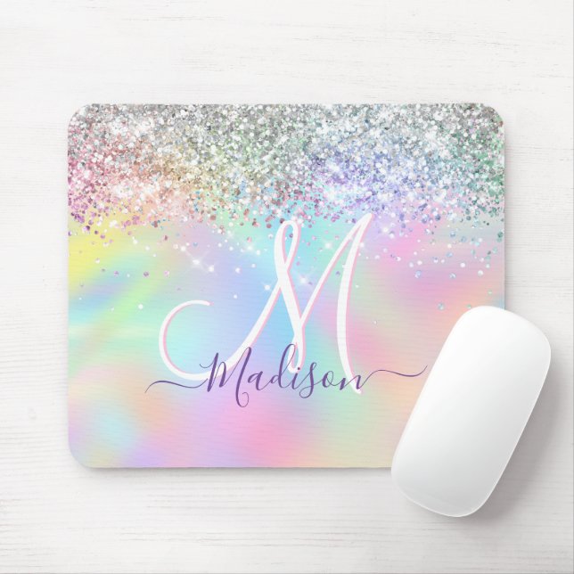 Cute iridescent unicorn faux glitter monogram mouse mat (With Mouse)