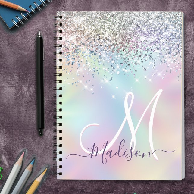 Cute iridescent unicorn faux glitter monogram notebook (Creator Uploaded)