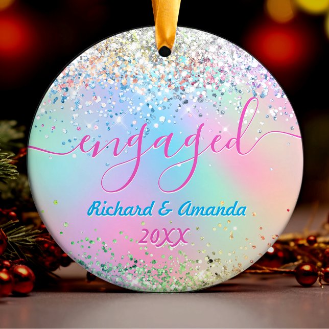 Cute iridescent unicorn glitter Christmas engaged Ceramic Tree Decoration (Creator Uploaded)