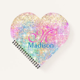 Cute iridescent unicorn gold glitter monogram notebook