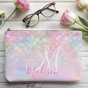 Cute iridescent unicorn ombre glitter monogram accessory pouch