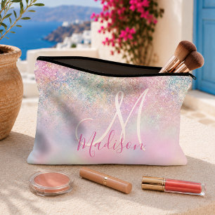 Cute iridescent unicorn ombre glitter monogram accessory pouch