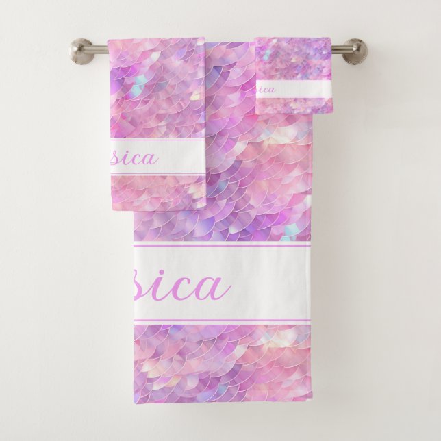 Cute Iridescent Unicorn Ombre Glitter Monogram Bath Towel Set (Insitu)