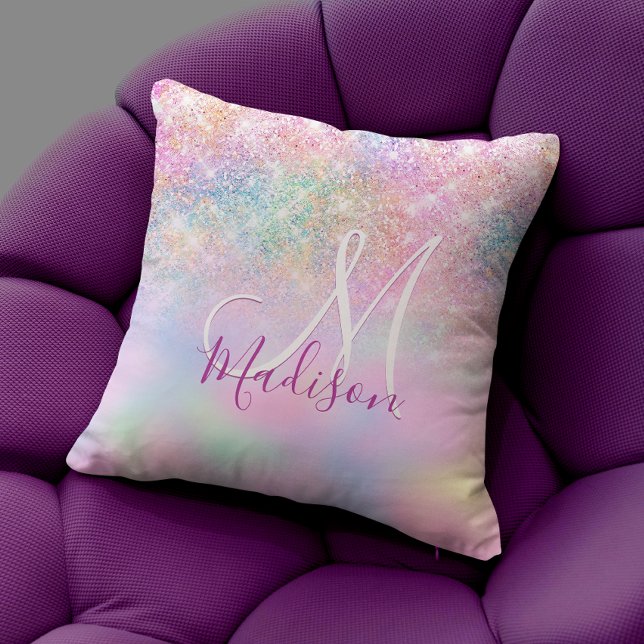 Cute iridescent unicorn ombre glitter monogram cushion (Creator Uploaded)