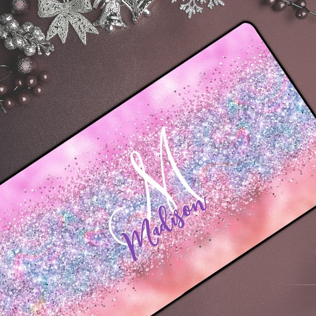 Cute iridescent unicorn ombre glitter monogram desk mat (Creator Uploaded)