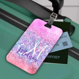 Cute iridescent unicorn ombre glitter monogram luggage tag