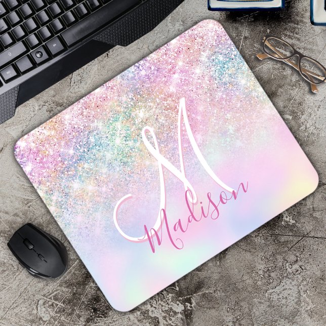 Cute iridescent unicorn ombre glitter monogram mouse mat (Creator Uploaded)