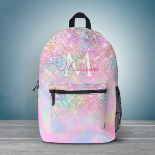Cute iridescent unicorn ombre glitter monogram printed backpack