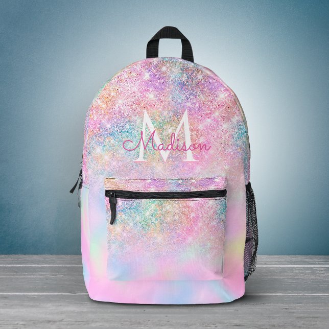 Cute iridescent unicorn ombre glitter monogram printed backpack (Creator Uploaded)