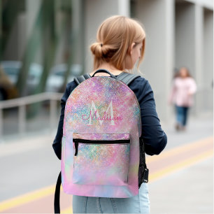 Cute iridescent unicorn ombre glitter monogram printed backpack
