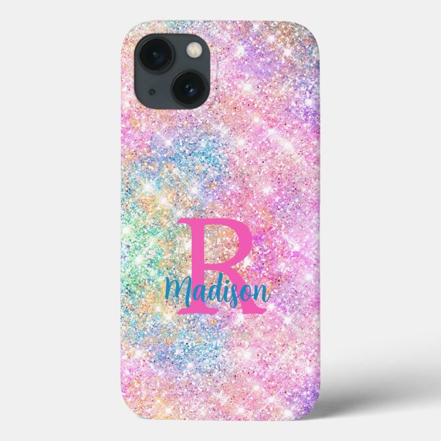 Cute iridescent unicorn pink faux glitter monogram Case-Mate iPhone case (Back)