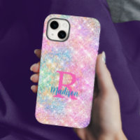 Cute iridescent unicorn pink faux glitter monogram