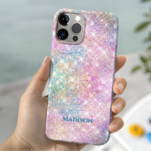 Cute iridescent unicorn pink faux glitter monogram iPhone 15 case