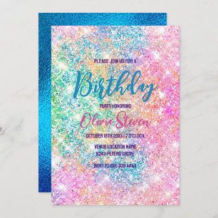 Cute iridescent unicorn pink faux glitter monogram invitation